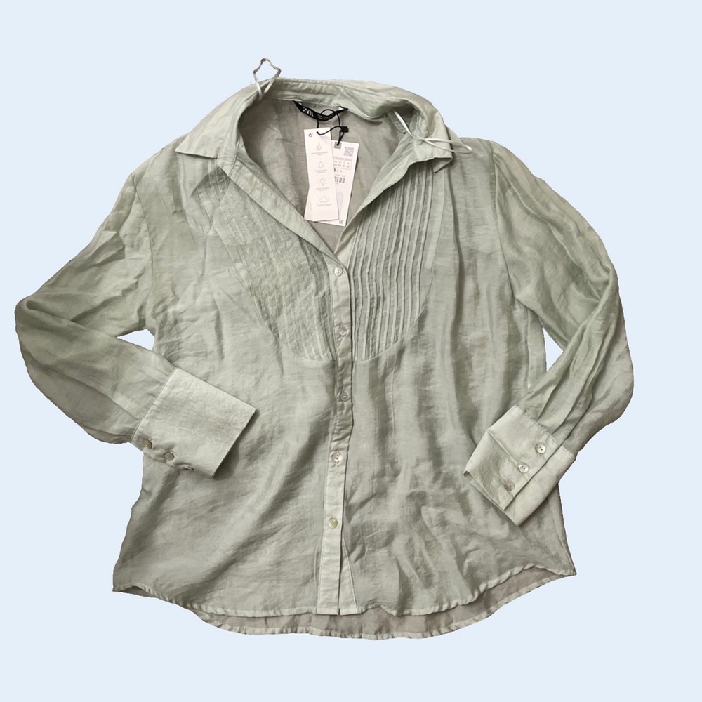 Zara green button shirt see through